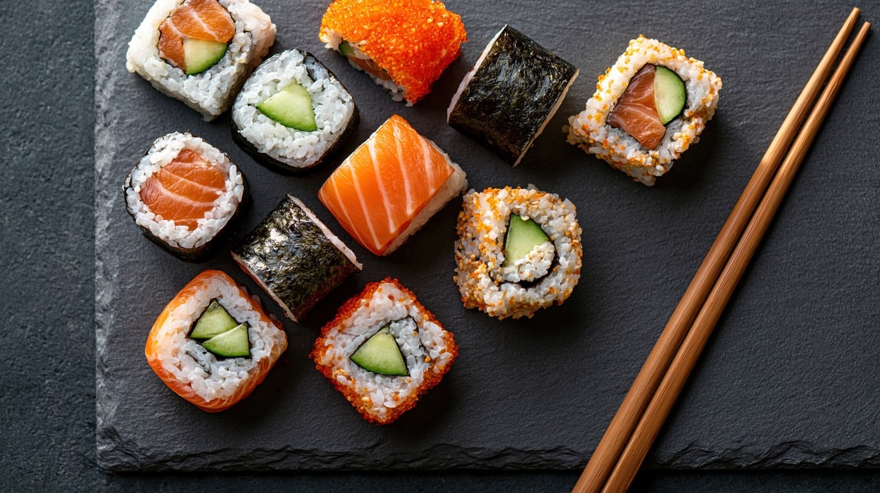Salmon sushi and rolls arranged on a striped plate with chopsticks